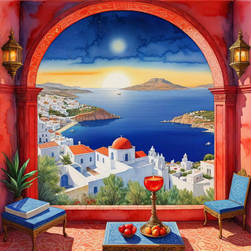 View through an ornate red archway showing white buildings with red domes overlooking the Mediterranean Sea. A small table with fruits and candlestick sits in the foreground.